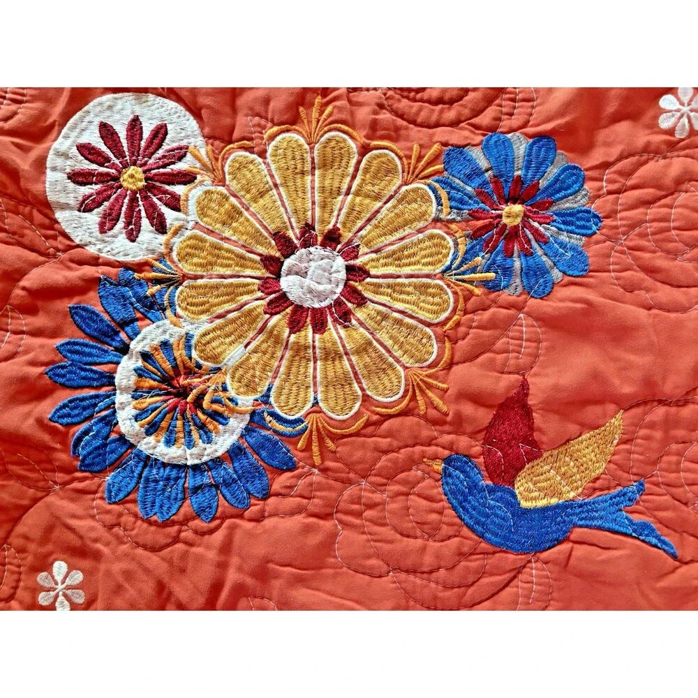 2 Pillow Shams Embroidered Flowers Bird Orange 36 X 20”  Tie Back